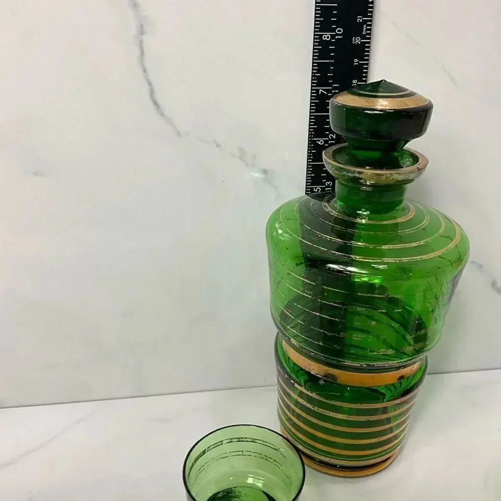 VINTAGE MCM Green decanter and shot glasses